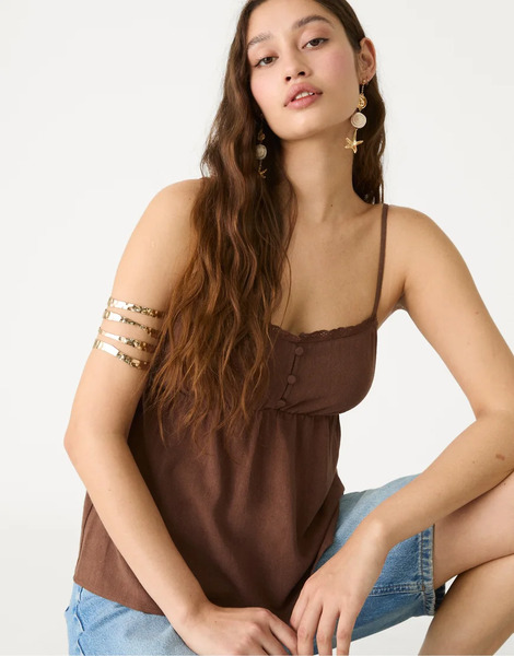  Stradivarius Strappy Top With Linen In Brown 