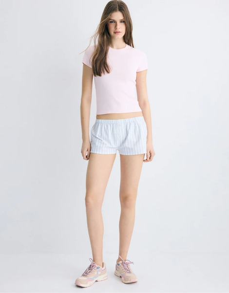  Stradivarius Striped Buttoned Mini Shorts In Ecru White 