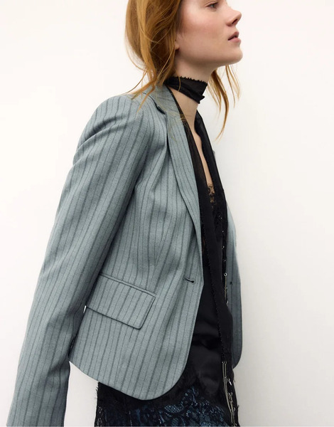  Stradivarius Striped Cropped Blazer In Grey Melange 