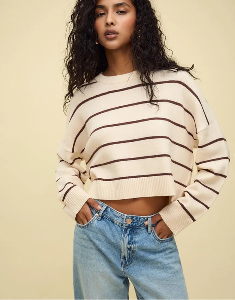  Stradivarius Striped Cropped Knit Sweater In Vanilla White 