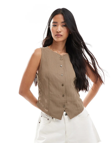  Stradivarius Textured Top With Buttons In Pale Camel Neutral 