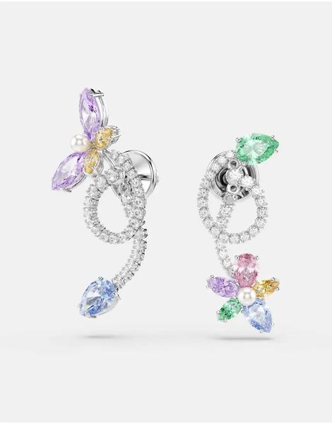  Swarovski Ariana Grande X Swarovski Drop Earrings With Ear Jacket, Mixed Cuts, Dragonfly, Flower, Multicolored, Rhodium Plated In Multi Colored, Rhodium Plating 