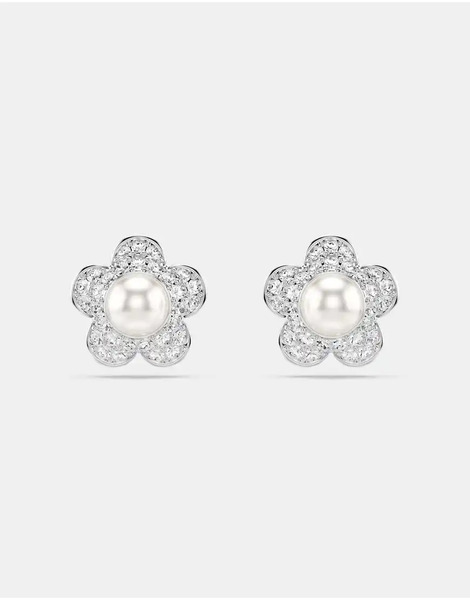  Swarovski Ariana Grande X Swarovski Stud Earrings, Crystal Pearl, Round Cut, Flower, White, Rhodium Plated In White, Rhodium Plating 