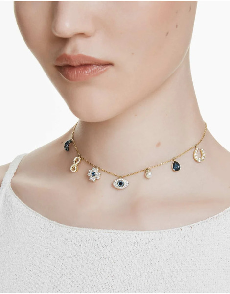  Swarovski Symbolica Choker, Crystal Pearl, Moon, Infinity, Clover, Evil Eye And Horseshoe, Blue, Gold Tone Plated In Blue 