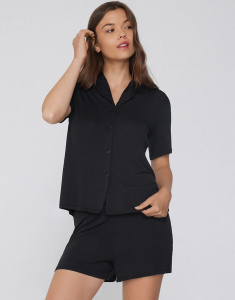  Tezenis Short Viscose Button Up Pyjamas In Black 