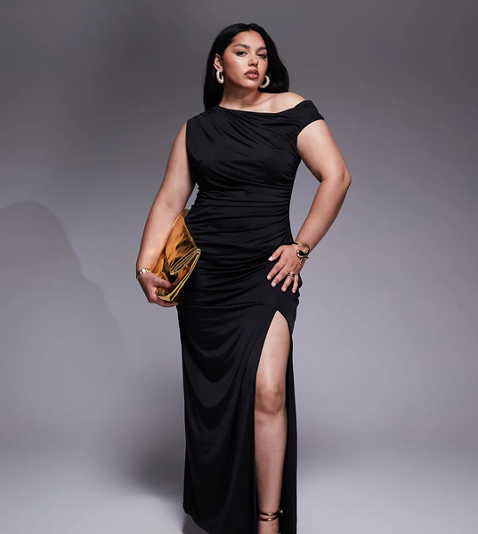  Tfnc Plus Asymetrical Midi Dress With Thigh Split In Black 