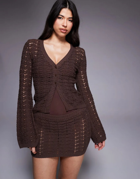  The Frolic Exclusive Cotton Blend Crochet Knit Split Front Flare Sleeve Beach Top Co Ord In Chocolate Brown 
