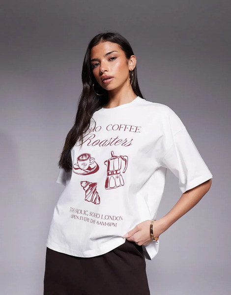  The Frolic Exclusive Cotton Dropped Shoulder 'coffee' Graphic Front Oversized T Shirt In Cream White 