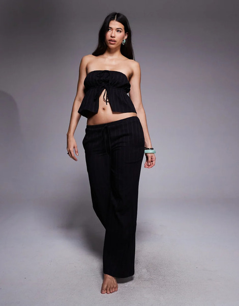  The Frolic Exclusive Cotton Rich Cheesecloth Broderie Tie Waist Wide Leg Beach Trousers Co Ord In Black 