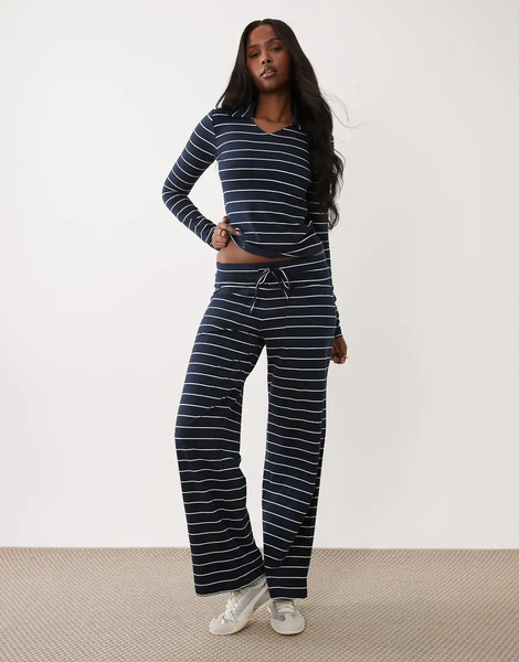  The Frolic Exclusive Cotton Rich Drawstring Waist Pocket Front Wide Leg Trouser Co Ord In Navy Stripe 