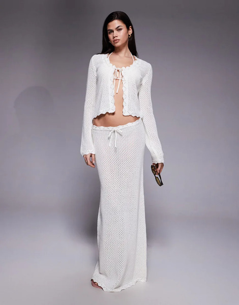  The Frolic Exclusive Cotton Rich Open Crochet Scallop Edge Tie Front Maxi Beach Skirt Co Ord In Cream White 