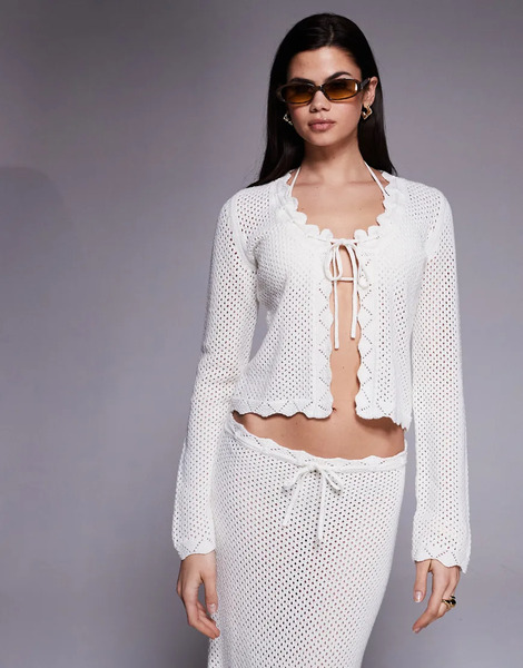  The Frolic Exclusive Cotton Rich Open Crochet Scallop Edge Tie Split Front Long Sleeve Beach Top Co Ord In Cream White 