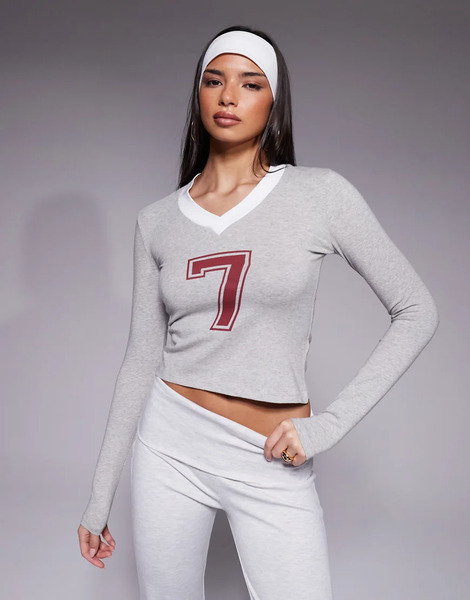  The Frolic Exclusive Cotton Rich V Neck Contrast Trim Varsity Number Graphic Long Sleeve Top In Grey 