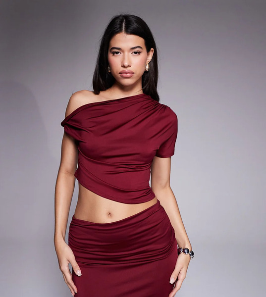  The Frolic Exclusive Double Sculpted Slinky Off Shoulder Twist Detail Asymmetric Crop Top Co Ord In Burgundy Red 