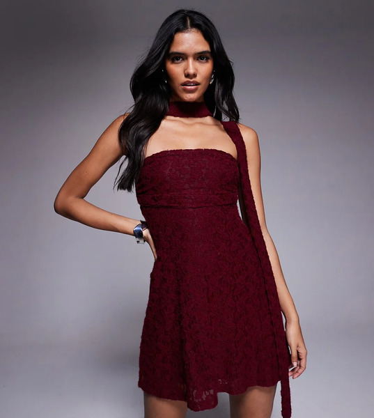  The Frolic Exclusive Lace Ruched Bust Detail Bandeau Flippy Hem Mini Dress With Scarf Detail In Burgundy Red 