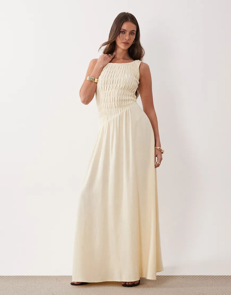  The Frolic Exclusive Linen Feel Shirred Detail Asymmetric Waist Sleeveless Maxi Dress In Lemon White 