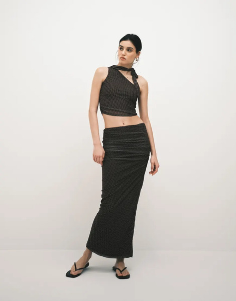  The Frolic Exclusive Mesh Overlay Ruched Front Detail Maxi Skirt Co Ord In Chocolate Polka Dot Brown 