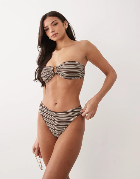  The Frolic Exclusive Textured High Leg Brazillian Bikini Bottom Co Ord In Brown & Cream Stripe Multi 