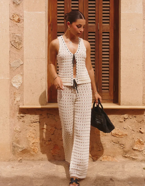  The Frolic X Lydia Kara Exclusive Crochet Contrast Thread Trim Wide Leg Beach Trouser Co Ord In Cream White 