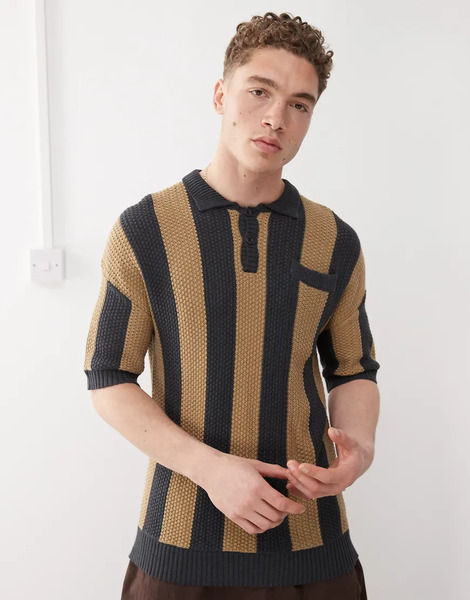  The Ragged Priest Oversized Stripe Knit Polo In Khaki Multi 