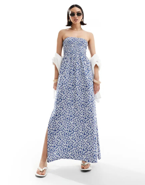  Threadbare Bandeau Midi Dress With Shirred Bust In Blue Floral Print 