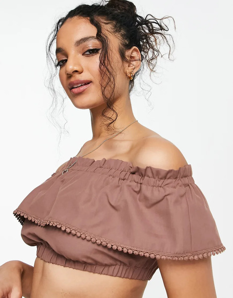  Threadbare Beach Ruffled Skirt And Crop Top Co Ord In Chocolate Brown 