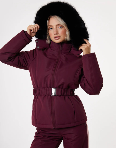 Threadbare Belted Padded Ski Jacket In Wine Red 