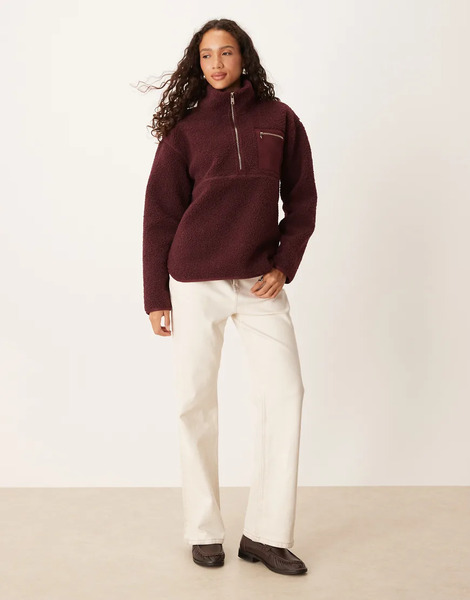  Threadbare Borg 1/4 Zip Fleece With Pocket Detail In Fig Red 