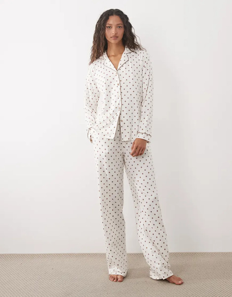  Threadbare Button Down Super Soft Pyjama Set In White And Brown Polka Dot Print 