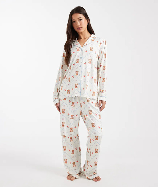  Threadbare Button Down Super Soft Pyjama Set With Bear Print In Ecru And Blue White 