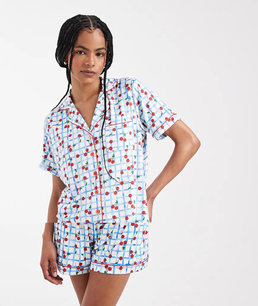  Threadbare Button Down Super Soft Short Pyjama Set With Cherry Print In Blue Gingham 
