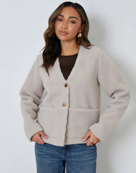  Threadbare Button Up Borg Jacket In Taupe Neutral 
