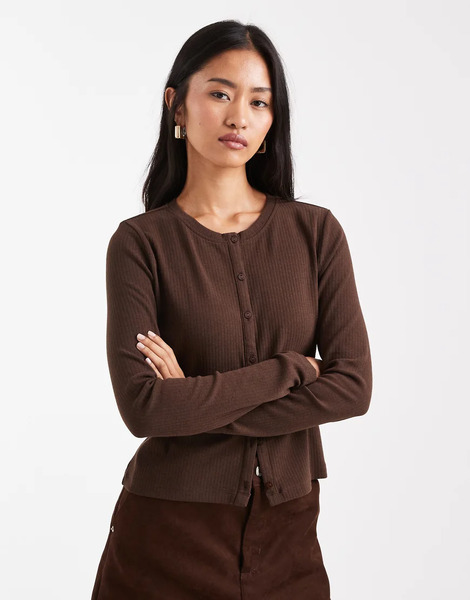  Threadbare Button Up Long Sleeve Jersey Top In Chocolate Brown 