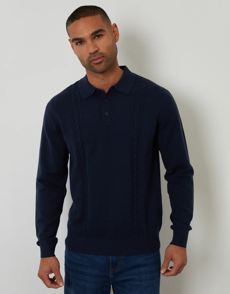  Threadbare Cable Knit Long Sleeve Polo Jumper In Navy 