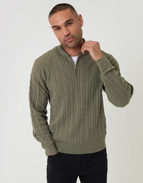  Threadbare Cable Knit Quarter Zip Jumper In Olive Green 