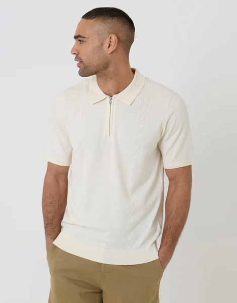  Threadbare Cable Knit Quarter Zip Polo In Natural Neutral 