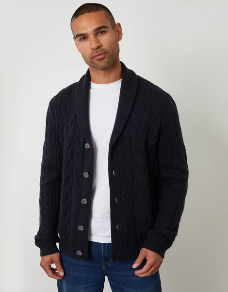  Threadbare Cable Knit Shawl Collar Cardigan With Wool In Navy 