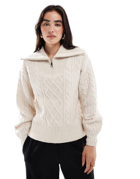  Threadbare Cable Knit 1/4 Zip Jumper With Collar In Ecru White 
