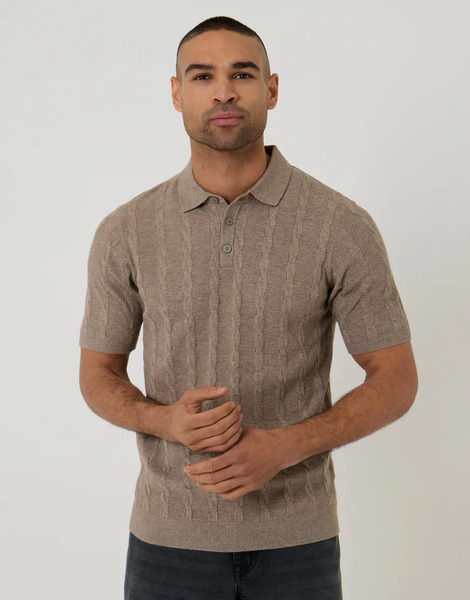  Threadbare Cable Stripe Knitted Button Polo In Taupe Neutral 