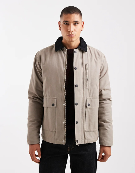  Threadbare Canvas Jacket With Front Pockets And Contrast Collar In Mushroom Neutral 