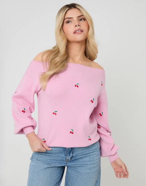  Threadbare Cherry Embroidery Slash Neck Jumper In Pink 