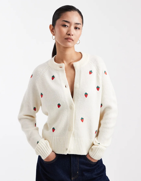  Threadbare Contrast Stitch Cardigan With All Over Strawberry Embroidery In Ecru White 