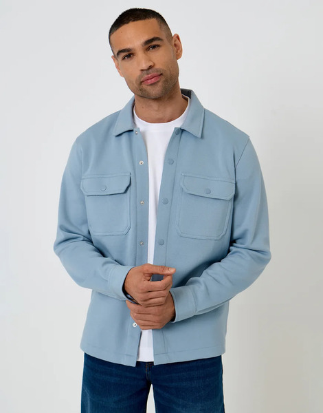  Cotton Blend Popper Fastening Pique Overshirt Blue 