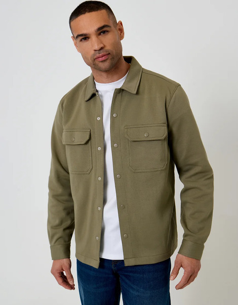 Cotton Blend Popper Fastening Pique Overshirt Green 