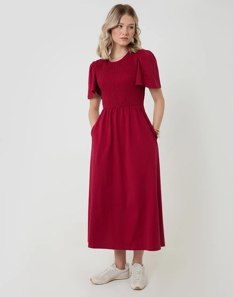  Threadbare Cotton Jersey Shirred Bodice Midi Dress In Red 