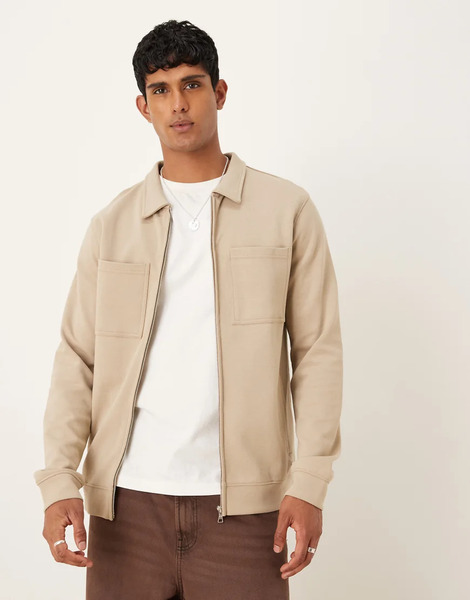  Threadbare Cotton Mix 300 Gsm Long Sleeve Overshirt In Stone Neutral 
