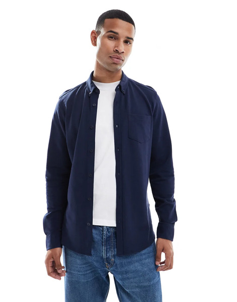  Threadbare Cotton Mix Long Sleeve Pique Shirt In Navy 