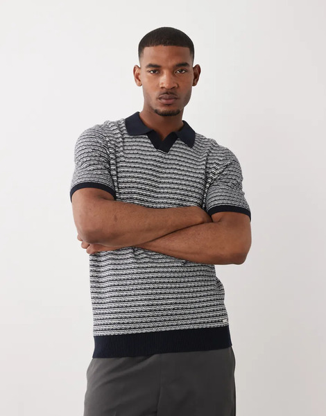  Threadbare Cotton Rich Textured Knit Polo Top In Navy And Ecru 