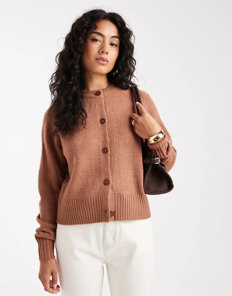  Threadbare Crew Neck Button Through Cardigan In Mocha Mousse Neutral 