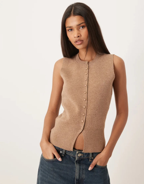  Threadbare Crew Neck Cardigan Vest In Oat Neutral 
